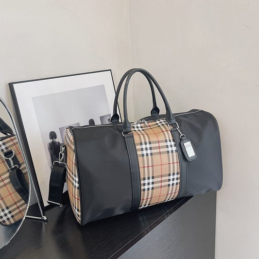 【#A419】Vintage Plaid Spliced Large Capacity Duffel Bag, Waterproof Gym & Travel Handbag