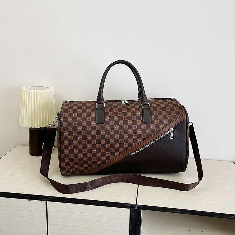 【#A420】Vintage Floral Checkerboard Spliced Large Travel Duffle Bag, Waterproof Gym Handbag