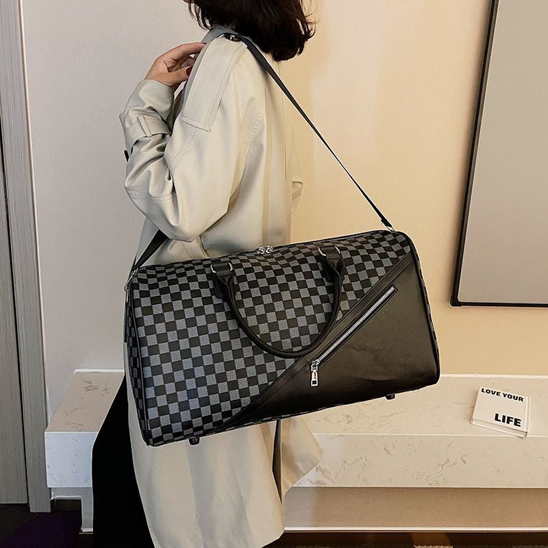 【#A420】Vintage Floral Checkerboard Spliced Large Travel Duffle Bag, Waterproof Gym Handbag