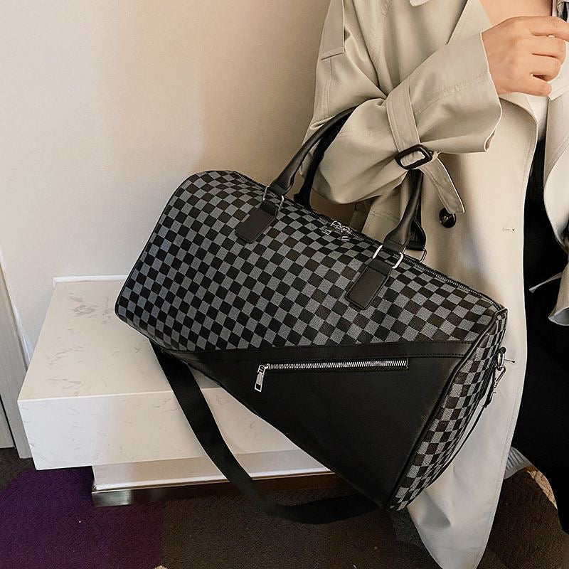 【#A420】Vintage Floral Checkerboard Spliced Large Travel Duffle Bag, Waterproof Gym Handbag