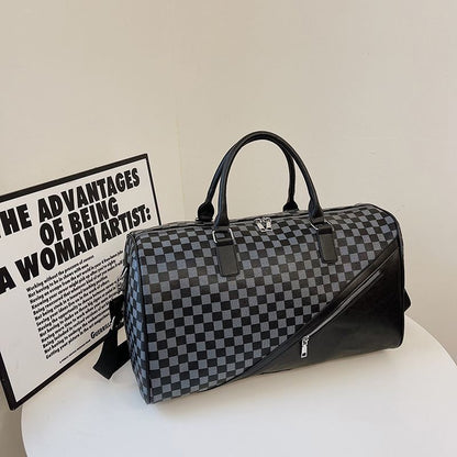 【#A420】Vintage Floral Checkerboard Spliced Large Travel Duffle Bag, Waterproof Gym Handbag