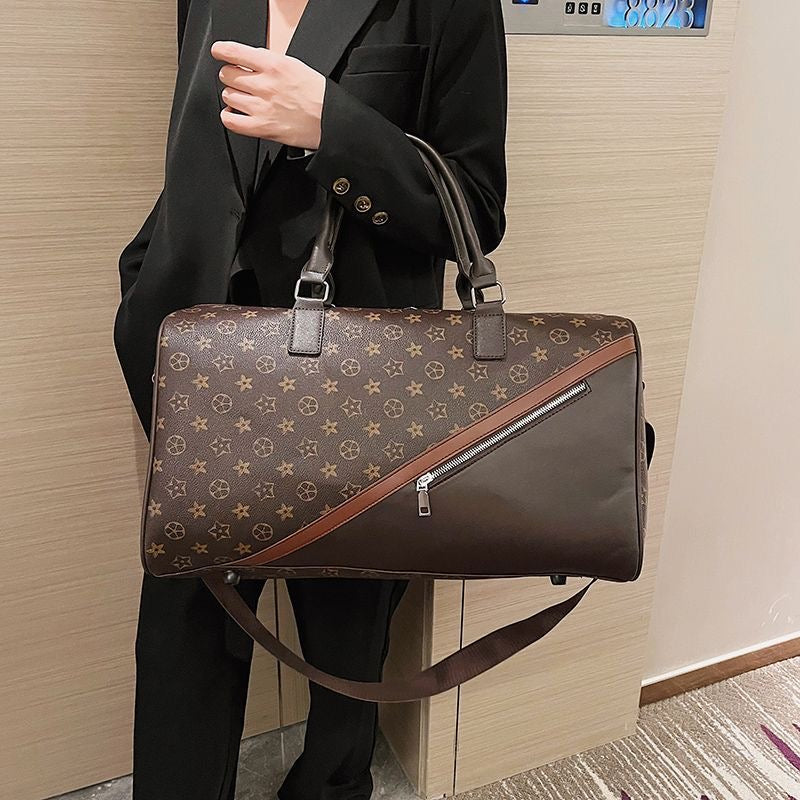 【#A420】Vintage Floral Checkerboard Spliced Large Travel Duffle Bag, Waterproof Gym Handbag