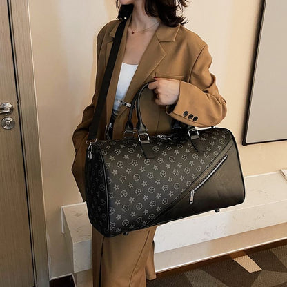 【#A420】Vintage Floral Checkerboard Spliced Large Travel Duffle Bag, Waterproof Gym Handbag