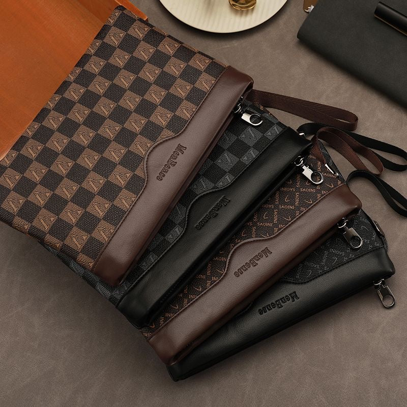 【#A424】Men Vintage Checkerboard Clutch Bag, Business Large Capacity Wrist Wallet
