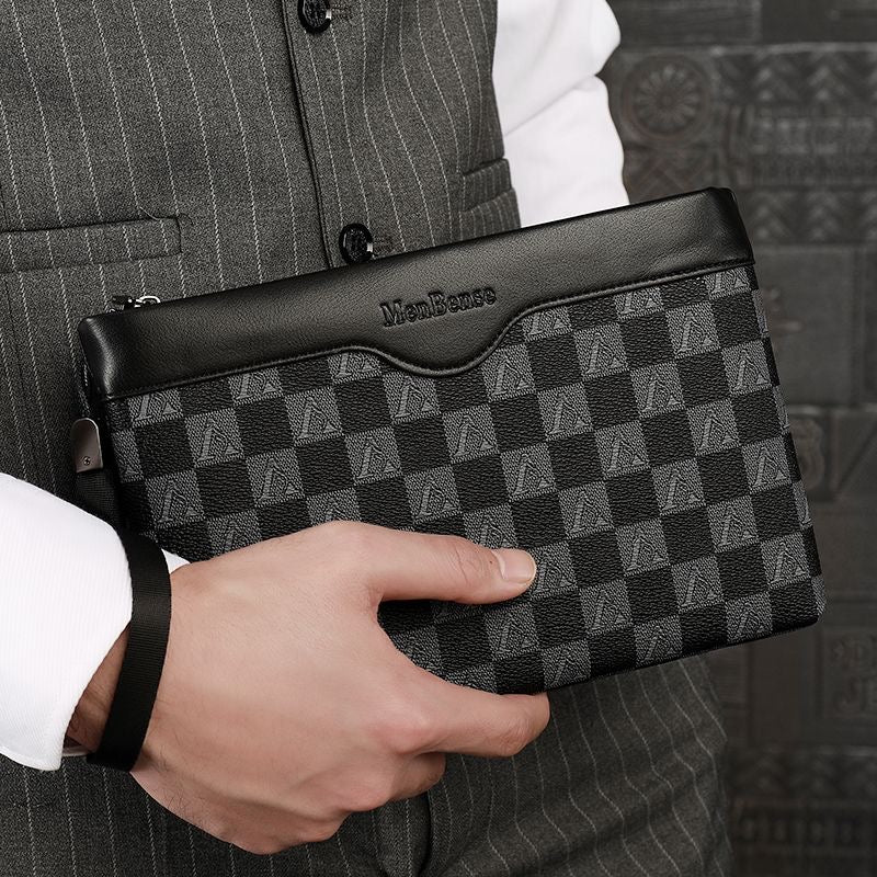 【#A424】Men Vintage Checkerboard Clutch Bag, Business Large Capacity Wrist Wallet