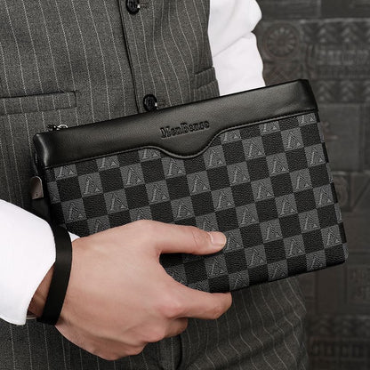 【#A424】Men Vintage Checkerboard Clutch Bag, Business Large Capacity Wrist Wallet