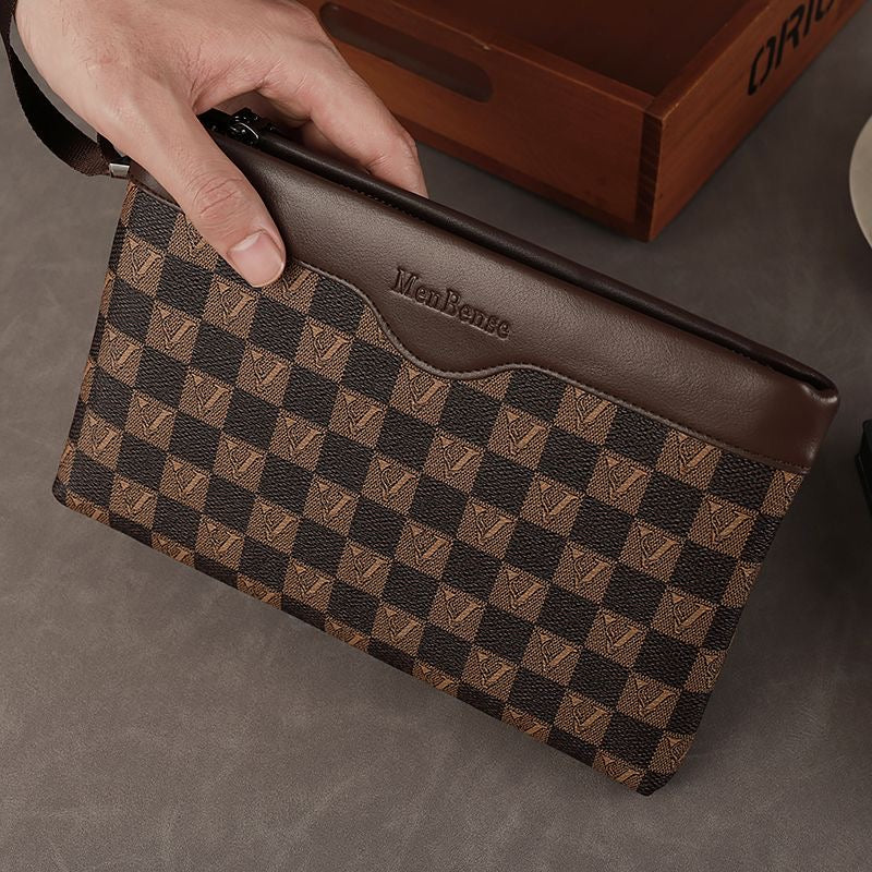 【#A424】Men Vintage Checkerboard Clutch Bag, Business Large Capacity Wrist Wallet