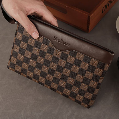 【#A424】Men Vintage Checkerboard Clutch Bag, Business Large Capacity Wrist Wallet