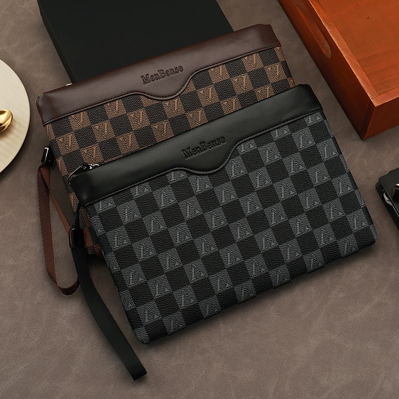 【#A424】Men Vintage Checkerboard Clutch Bag, Business Large Capacity Wrist Wallet