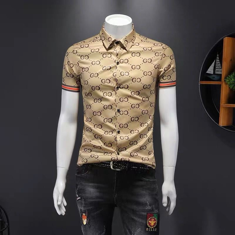 【#A425】Men Vintage Interlocking Print Ice Silk Shirt, Wrinkle Resistant Slim Fit Long & Short Sleeve Top