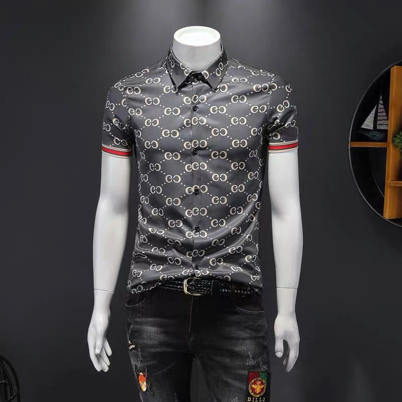 【#A425】Men Vintage Interlocking Print Ice Silk Shirt, Wrinkle Resistant Slim Fit Long & Short Sleeve Top