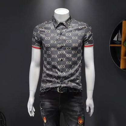 【#A425】Men Vintage Interlocking Print Ice Silk Shirt, Wrinkle Resistant Slim Fit Long & Short Sleeve Top