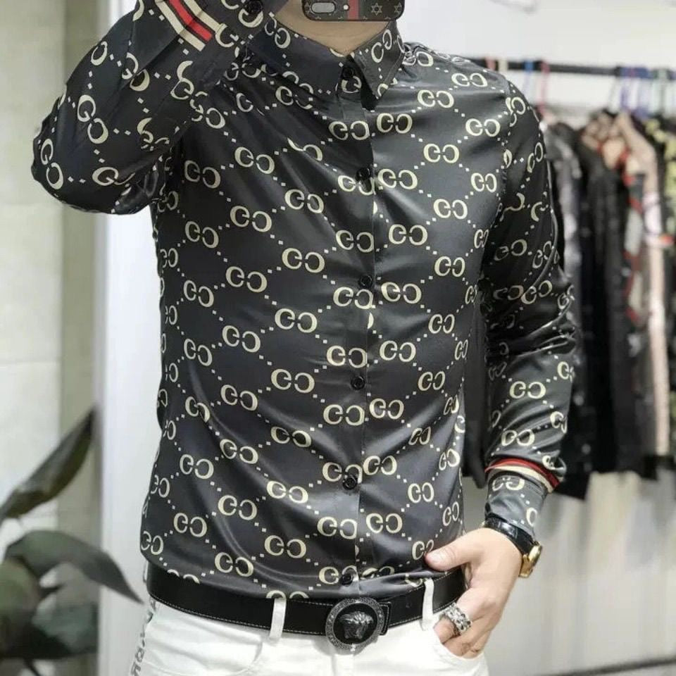【#A425】Men Vintage Interlocking Print Ice Silk Shirt, Wrinkle Resistant Slim Fit Long & Short Sleeve Top