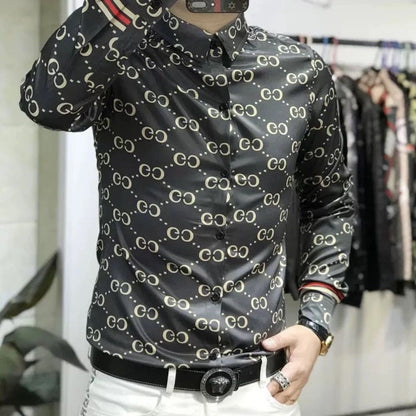 【#A425】Men Vintage Interlocking Print Ice Silk Shirt, Wrinkle Resistant Slim Fit Long & Short Sleeve Top
