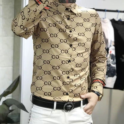 【#A425】Men Vintage Interlocking Print Ice Silk Shirt, Wrinkle Resistant Slim Fit Long & Short Sleeve Top