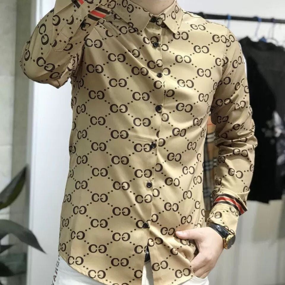 【#A425】Men Vintage Interlocking Print Ice Silk Shirt, Wrinkle Resistant Slim Fit Long & Short Sleeve Top