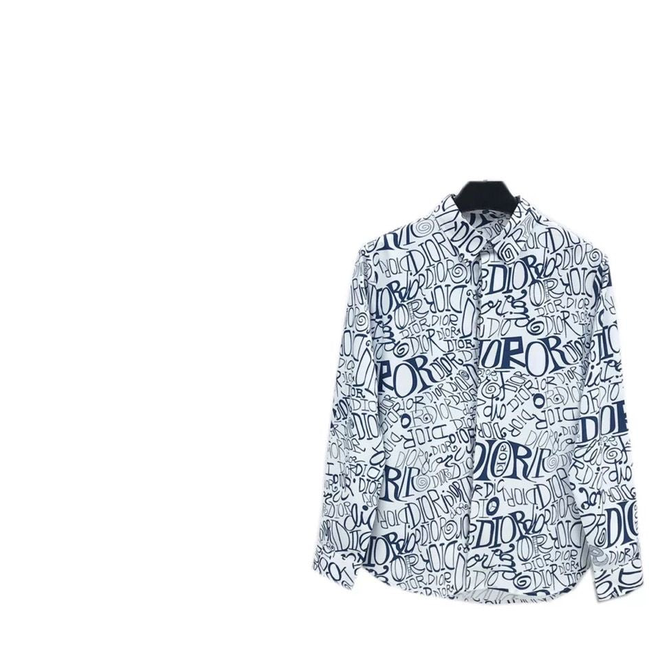 【#A426】Men Graffiti Letter Print Long Sleeve Shirt, Smooth Loose Casual Lapel Blouse