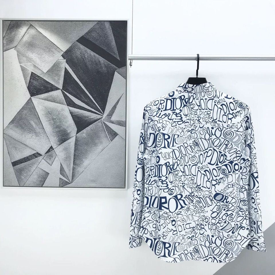 【#A426】Men Graffiti Letter Print Long Sleeve Shirt, Smooth Loose Casual Lapel Blouse
