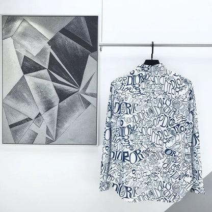 【#A426】Men Graffiti Letter Print Long Sleeve Shirt, Smooth Loose Casual Lapel Blouse