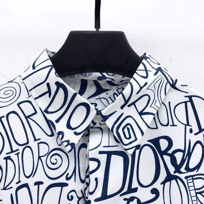 【#A426】Men Graffiti Letter Print Long Sleeve Shirt, Smooth Loose Casual Lapel Blouse
