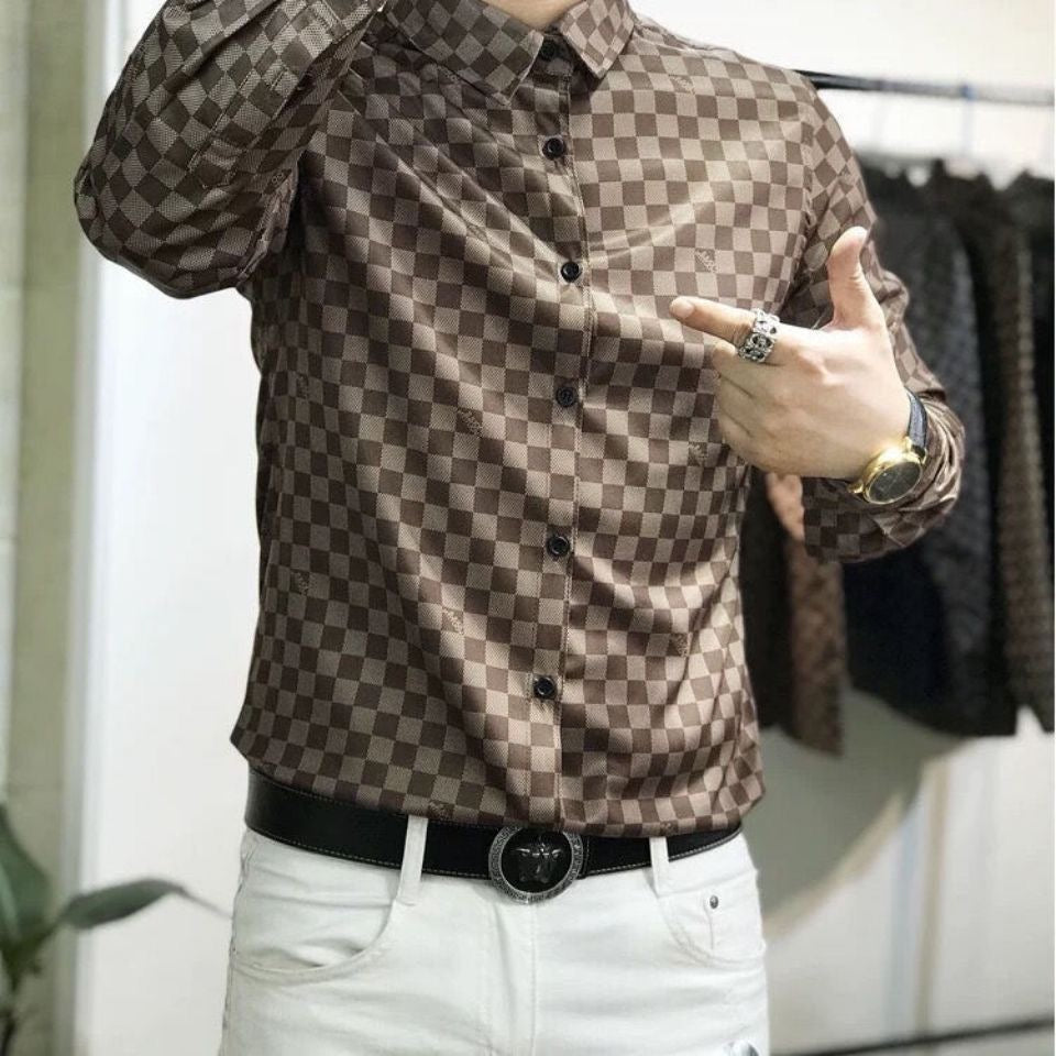 【#A427】Men Luxury Dark Checkerboard Long Sleeve Shirt, Wrinkle Resistant Slim Fit Business Blouse