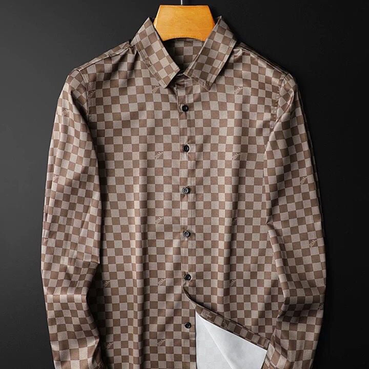 【#A427】Men Luxury Dark Checkerboard Long Sleeve Shirt, Wrinkle Resistant Slim Fit Business Blouse