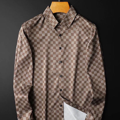 【#A427】Men Luxury Dark Checkerboard Long Sleeve Shirt, Wrinkle Resistant Slim Fit Business Blouse