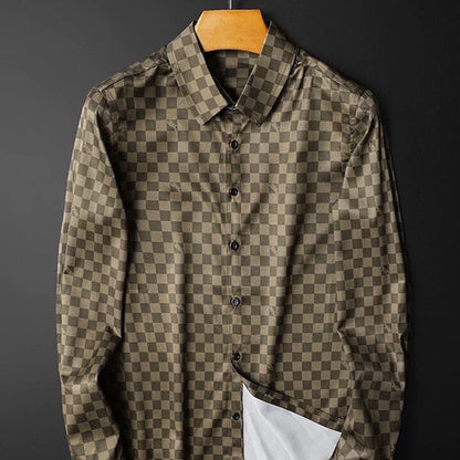 【#A427】Men Luxury Dark Checkerboard Long Sleeve Shirt, Wrinkle Resistant Slim Fit Business Blouse