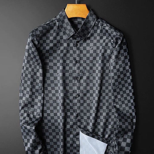 【#A427】Men Luxury Dark Checkerboard Long Sleeve Shirt, Wrinkle Resistant Slim Fit Business Blouse
