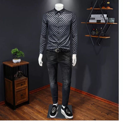【#A427】Men Luxury Dark Checkerboard Long Sleeve Shirt, Wrinkle Resistant Slim Fit Business Blouse