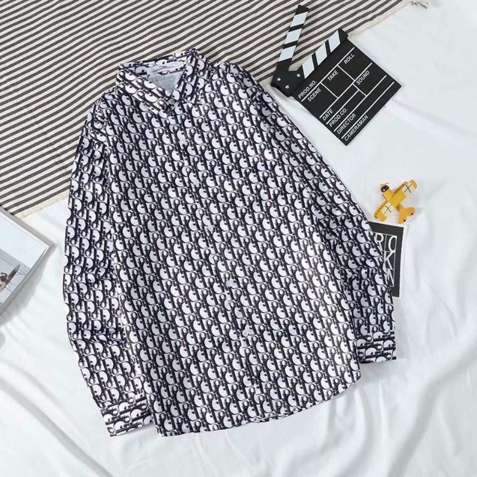 【#A428】Vintage Interlink Full Print Long Sleeve Shirt, Loose Drape Casual Lapel Blouse
