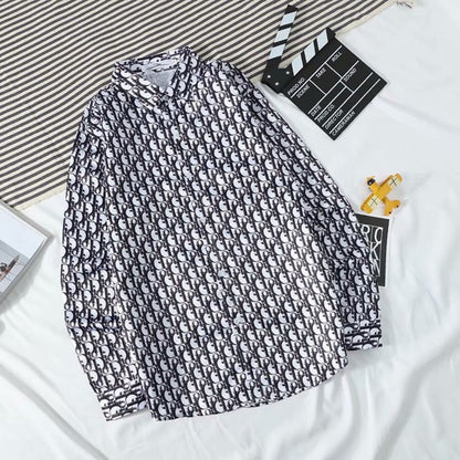 【#A428】Vintage Interlink Full Print Long Sleeve Shirt, Loose Drape Casual Lapel Blouse