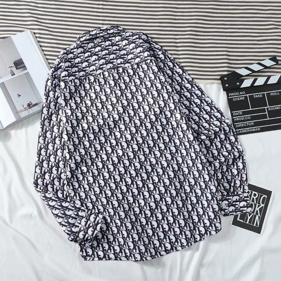 【#A428】Vintage Interlink Full Print Long Sleeve Shirt, Loose Drape Casual Lapel Blouse