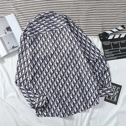 【#A428】Vintage Interlink Full Print Long Sleeve Shirt, Loose Drape Casual Lapel Blouse