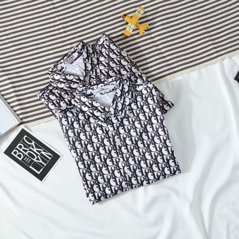 【#A428】Vintage Interlink Full Print Long Sleeve Shirt, Loose Drape Casual Lapel Blouse