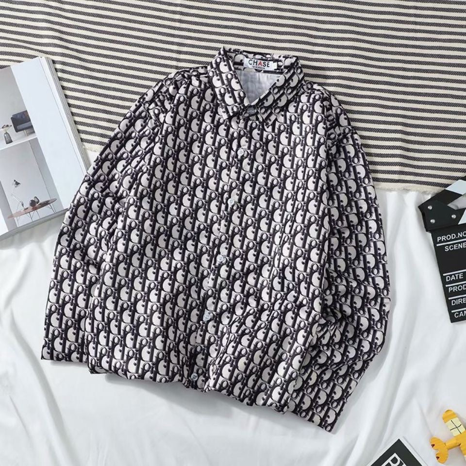 【#A428】Vintage Interlink Full Print Long Sleeve Shirt, Loose Drape Casual Lapel Blouse