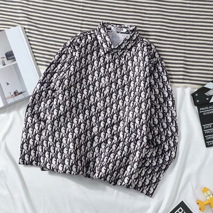 【#A428】Vintage Interlink Full Print Long Sleeve Shirt, Loose Drape Casual Lapel Blouse