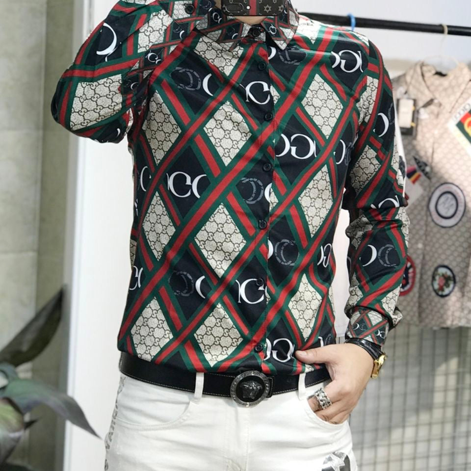 【#A429】Men Color Block Rhombus Print Long Sleeve Shirt, Smooth Ice Silk Slim Fit Luxury Casual Blouse