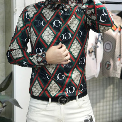 【#A429】Men Color Block Rhombus Print Long Sleeve Shirt, Smooth Ice Silk Slim Fit Luxury Casual Blouse