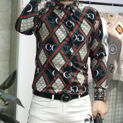 【#A429】Men Color Block Rhombus Print Long Sleeve Shirt, Smooth Ice Silk Slim Fit Luxury Casual Blouse