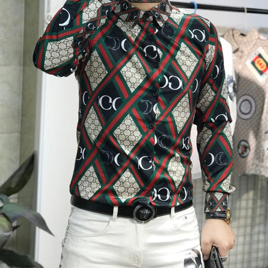 【#A429】Men Color Block Rhombus Print Long Sleeve Shirt, Smooth Ice Silk Slim Fit Luxury Casual Blouse