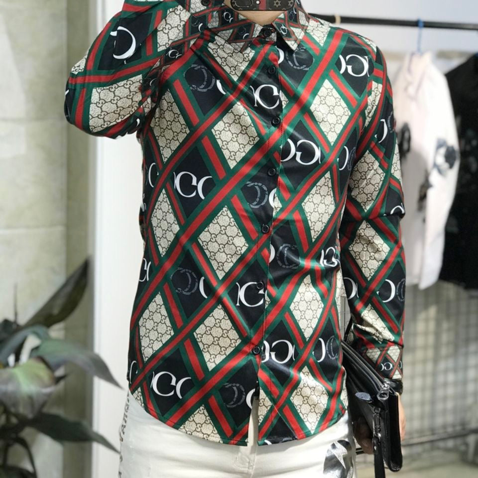 【#A429】Men Color Block Rhombus Print Long Sleeve Shirt, Smooth Ice Silk Slim Fit Luxury Casual Blouse
