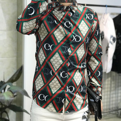 【#A429】Men Color Block Rhombus Print Long Sleeve Shirt, Smooth Ice Silk Slim Fit Luxury Casual Blouse