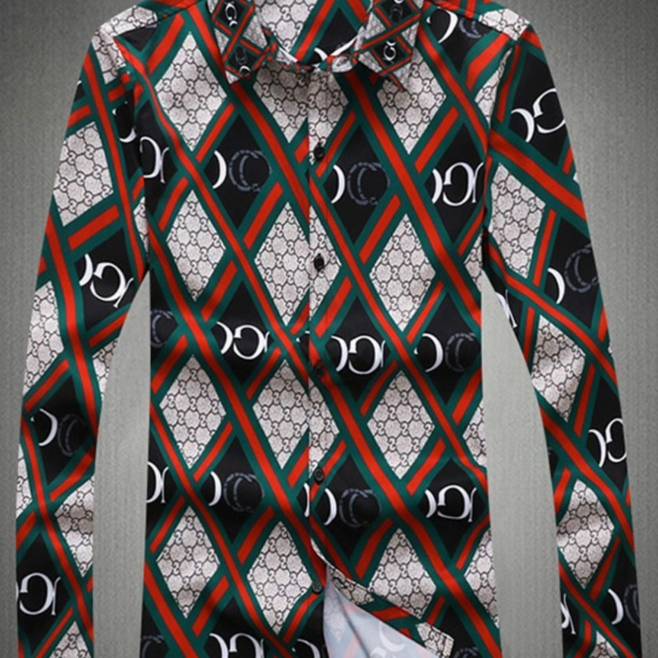 【#A429】Men Color Block Rhombus Print Long Sleeve Shirt, Smooth Ice Silk Slim Fit Luxury Casual Blouse