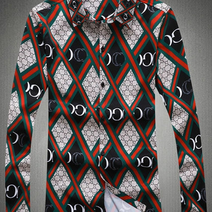 【#A429】Men Color Block Rhombus Print Long Sleeve Shirt, Smooth Ice Silk Slim Fit Luxury Casual Blouse