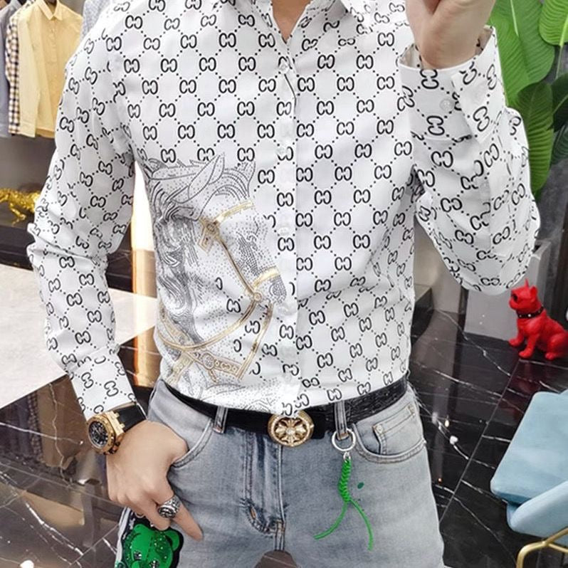 【#A430】Men Vintage Interlink Print Rhinestone Horse Long Sleeve Shirt, Smooth Slim Luxury Blouse