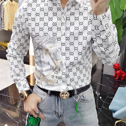 【#A430】Men Vintage Interlink Print Rhinestone Horse Long Sleeve Shirt, Smooth Slim Luxury Blouse