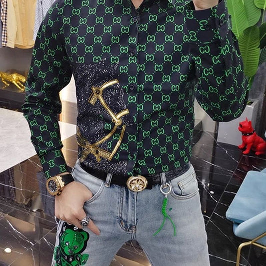 【#A430】Men Vintage Interlink Print Rhinestone Horse Long Sleeve Shirt, Smooth Slim Luxury Blouse