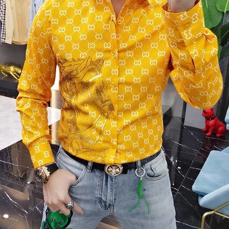 【#A430】Men Vintage Interlink Print Rhinestone Horse Long Sleeve Shirt, Smooth Slim Luxury Blouse