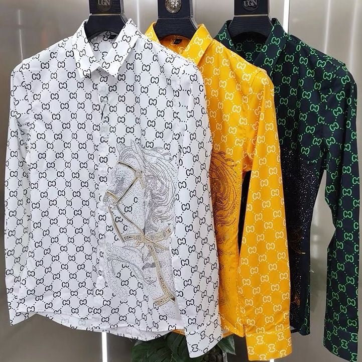 【#A430】Men Vintage Interlink Print Rhinestone Horse Long Sleeve Shirt, Smooth Slim Luxury Blouse